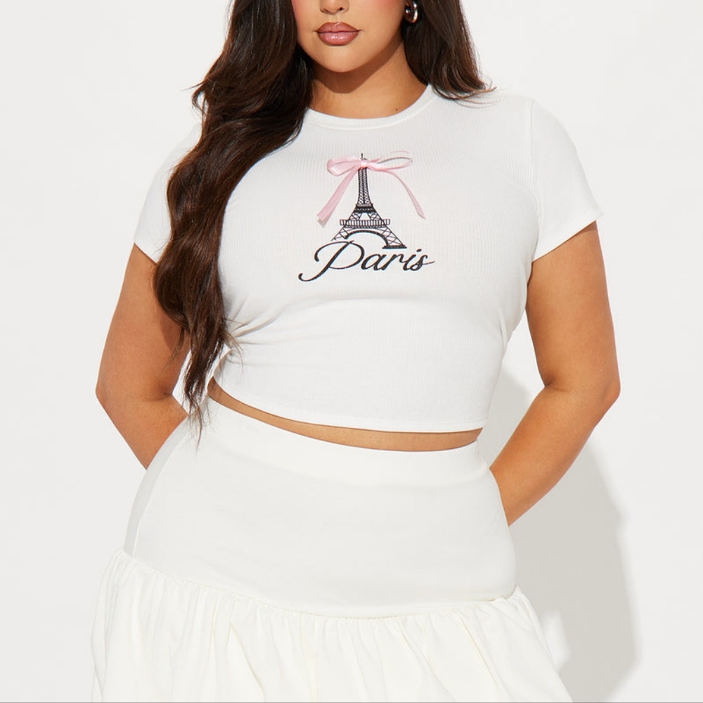 Paris Pink Bow Ribbed White Cropped Top Short Sleeve Baby Tee Eiffel Tower 🎀 XL